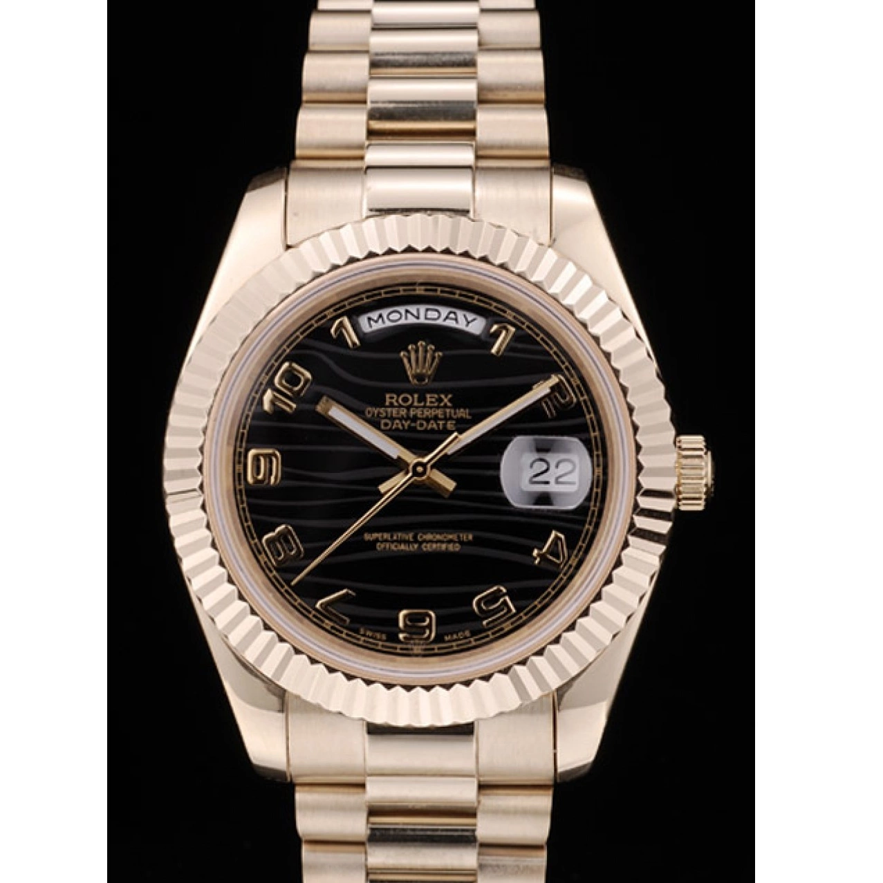 Best AAA Replica Sites DayDate Gold Swiss Bezel 41998 Rolex Steel Black Ribbed Dial Stainless 0717